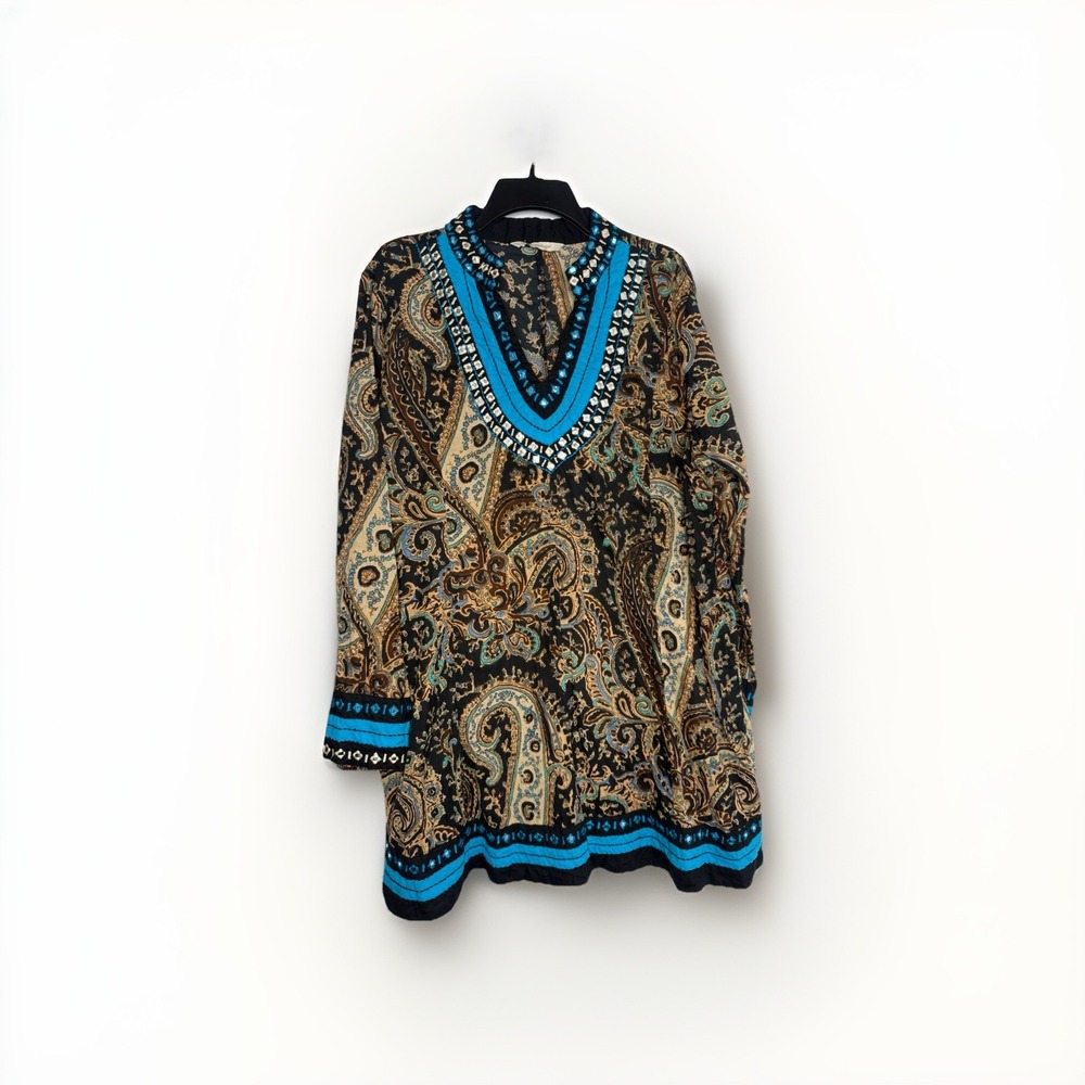 SOFT SURROUNDINGS Aubrey Blue Black Tan Tunic Paisley V-Neck Boho Top
